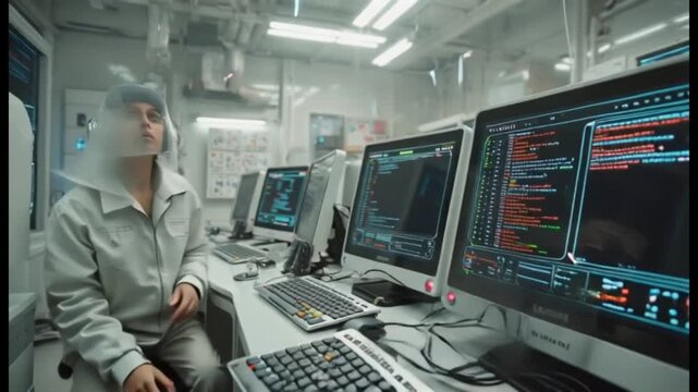 Young Woman Coding in Futuristic Cyberpunk Data Center with Multiple Monitors