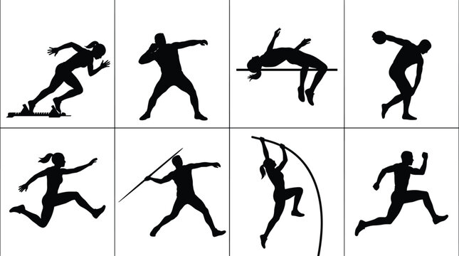 Set of track and field athletes silhouettes including sprinting, long jump, javelin throw, shot put, high jump, and pole vault