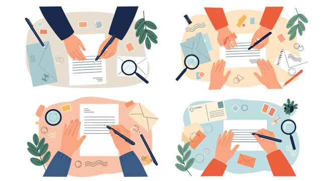 Collection of four top-view scenes showing hands writing letters, notes, and postcards with pens, envelopes, and stamps.