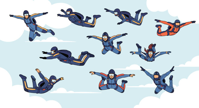 Skydivers performing various acrobatic stunts and freefall maneuvers in bright blue and orange suits against a cloudy sky background.