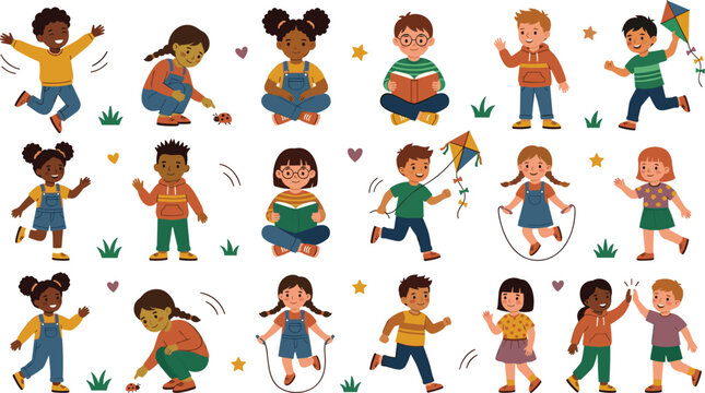Set of cute multicultural children illustrations playing outdoors jumping flying kites running reading books and skipping rope in flat vector style