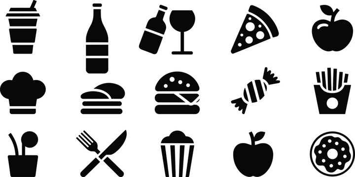 Food and beverage icon set with flat restaurant fast food drinks solid black glyph vectors menu signs on white background