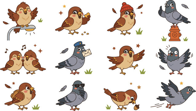 Cute city birds cartoon vector element set with funny character sparrows and pigeons eating crumbs wearing hats flying singing and delivering mail isolated on white background
