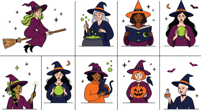 Halloween witch cartoon avatar vector element set with diverse women sorcerers flying on broom cooking potion reading spellbook and holding magic crystal ball isolated on white background