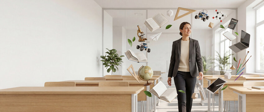 Happy female teacher walking in classroom surrounded by levitating books and school tools