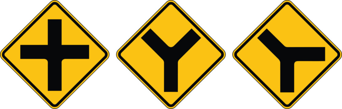Yellow warning road sign vector set featuring intersection crossroad and y junction symbols for traffic safety and transportation design