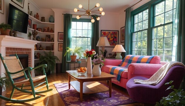 Cozy eclectic living room with pink sofa, purple chair, and fireplace