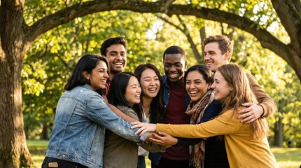 Fototapeta premium Diverse Group of Young Adult Friends Bonding Together in a Sunny Park with Warm Natural Lighting and Joyful Expressions