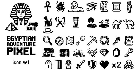 Naklejka premium Egyptian Adventure Game Pixel Art Black White-Pharaoh Sprite Pyramid Treasure-Retro Vector-Adventure Icon Pixel-Ancient Egypt Design Set