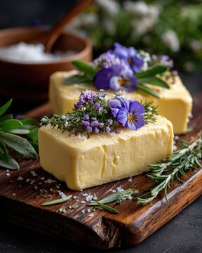 Artisan farm butter with edible flowers and fresh herbs sits on a wooden board for gourmet food styling
