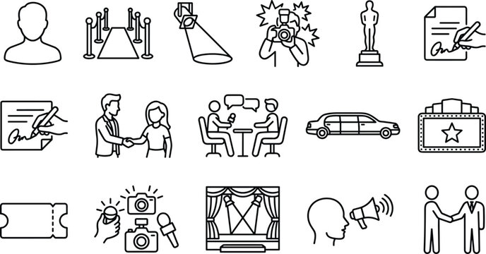 Movie premiere red carpet and entertainment industry line icon set with paparazzi award trophy theater stage limousine and celebrity interview symbols