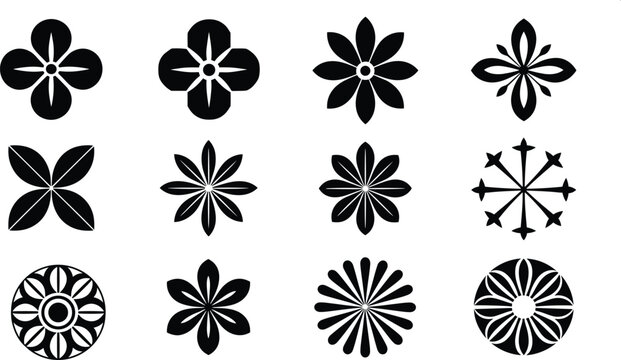 Set of abstract black geometric flower icons minimalist floral vector symbols silhouette blossom shapes for logo design pattern creation