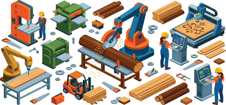 Isometric Woodworking Sawmill Factory with Robotic Arms Workers Automated Timber Lumber Production Process Cutting Machinery and CNC Carving Equipment Vector