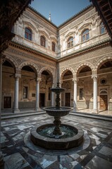 Obraz premium Beautiful Courtyard With a Fountain in an Ancient Building Under Blue Sky