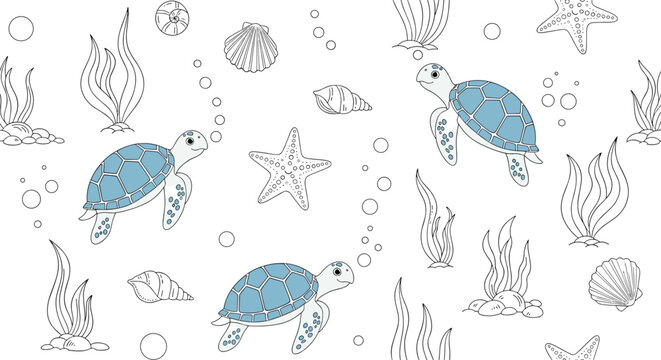 Sea turtles swim among starfish, shells, and seaweed in a clean blue and white nautical themed seamless underwater world pattern.