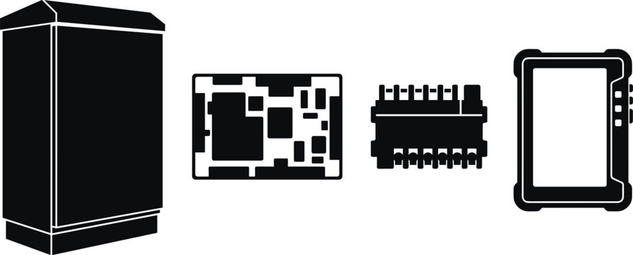 Electrical Hardware Silhouette Vector Set with Control Panel Enclosure Circuit Board Terminal Block and Rugged Tablet