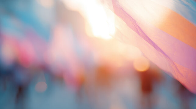 transgender pride flag waves gently in soft sunlight creating bokeh during a peaceful outdoor rally