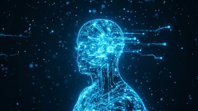 Side profile of human shaped silhouette rendered with glowing cyan circuitry, illuminated nodes and flowing particle stream, facing right in dark void with sleek outline, futuristic tech mood and