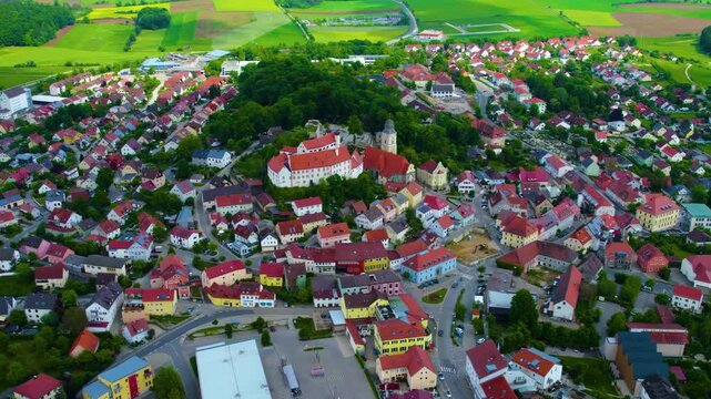 Panoramic aerial view of the old town beside the city Parsberg in Germany, Baden-W&uuml;rttemberg on a sunny  day in Spring