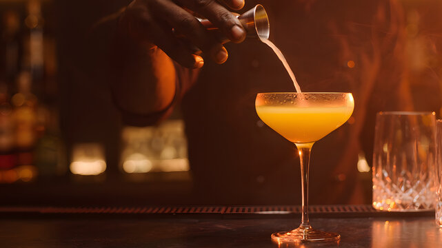 Professional bartender pouring a yellow cocktail from a jigger into a coupe glass, creating a sophisticated and warm atmosphere at a dim luxury bar counter with copy space