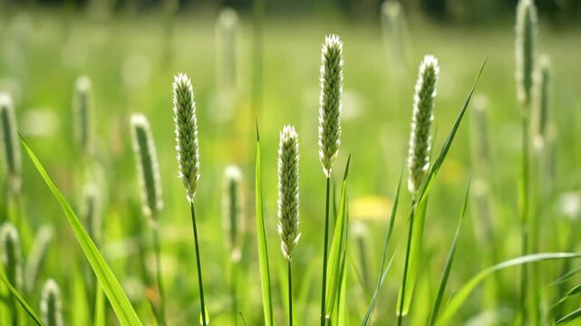 Close-up of wheat ears in a green wheat field, foxtail grass in the sun