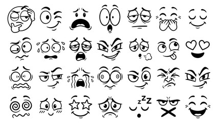 Fototapeta premium Cartoon Faces, Funny cartoon facial expressions, collection of black and white line art vector graphics depicting various cartoon face expressions and emotions, character, sticker, design, hand-drawn