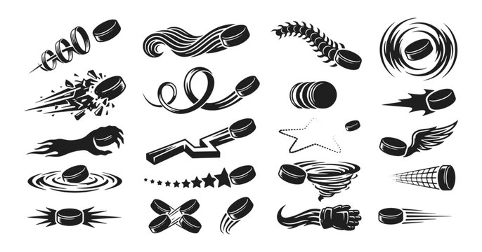Hockey drawing ideas, various black and white stylized vector illustrations of hockey pucks in motion, sport, action, doodle, icon, hockey, puck, star, motion