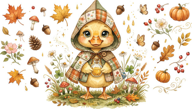 Cute watercolor baby duck wearing a cozy plaid autumn cloak surrounded by fall leaves pumpkins acorns and forest elements on a white background