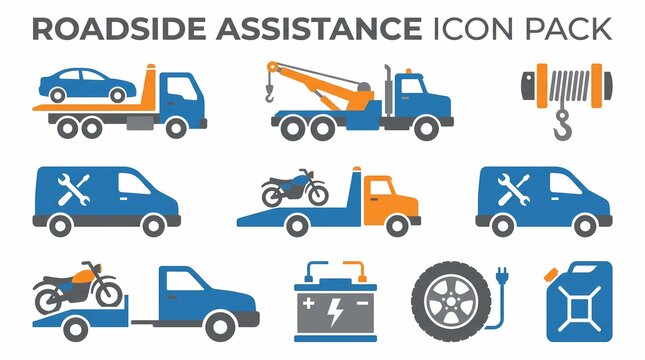 Roadside Assistance and Vehicle Recovery Icon Pack Vector Collection