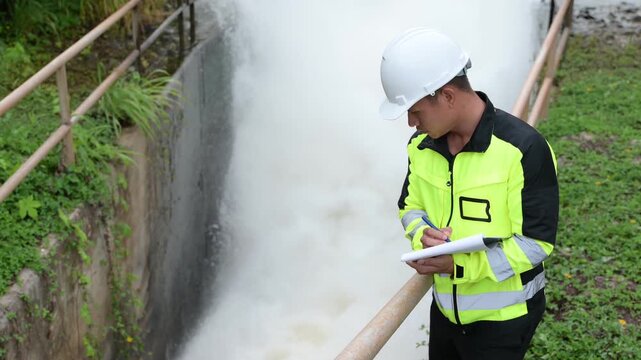 Professional male environmental engineer wearing a hard hat inspecting rushing water at a dam spillway while taking notes on a clipboard for public infrastructure safety and flood control.