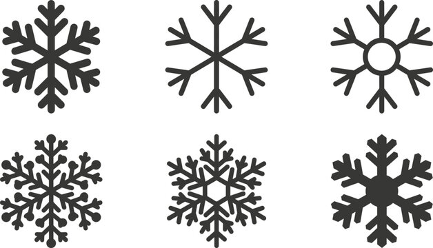 Set of simple dark gray snowflake vector icons isolated on a clean white background