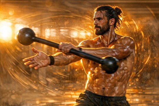 A person holds a heavy metal mace  under rainy weather conditions
