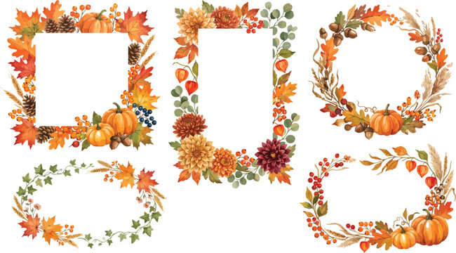 A collection of watercolor autumn themed seamless border patterns featuring pumpkins fall leaves plaid textures and festive harvest elements on white background
