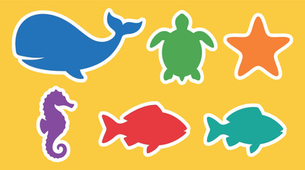 Collection of colorful cartoon sea creature icons simple flat vector illustrations for childrens education and summer themes isolated on yellow background © Munaza