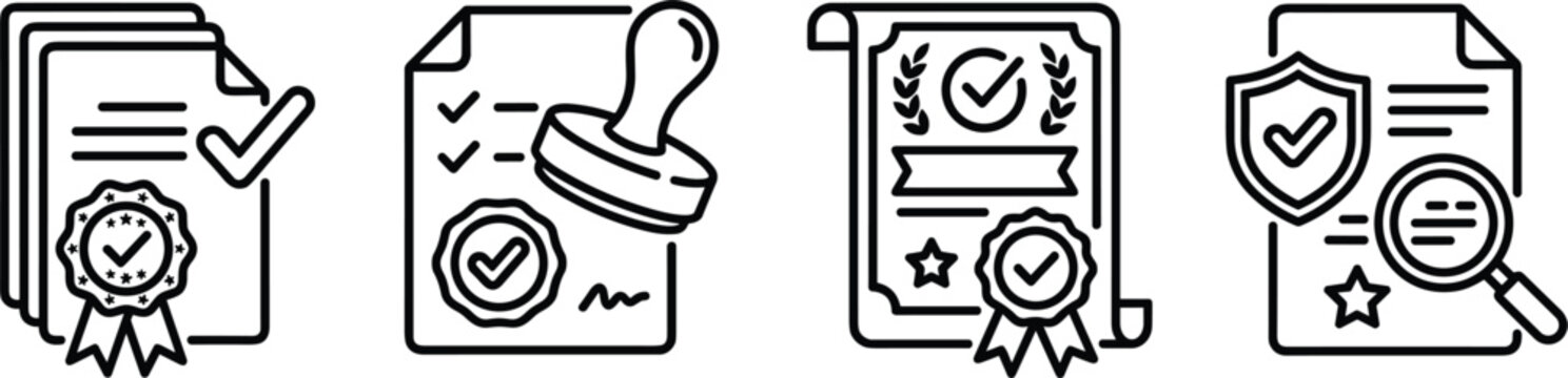 Official document certification and notary public vector line icons set featuring legal certificate rubber stamp contract verification and compliance elements