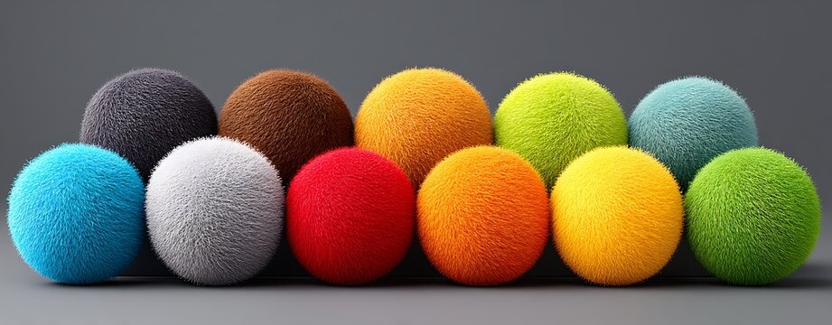 Pom-pom kids learning color sorting pom pom collection of colorful fuzzy pom pom balls arranged in row against neutral grey background
