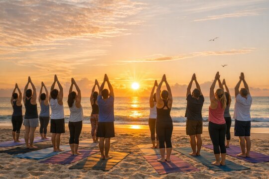 People practicing yoga on sandy beach with calm ocean in background