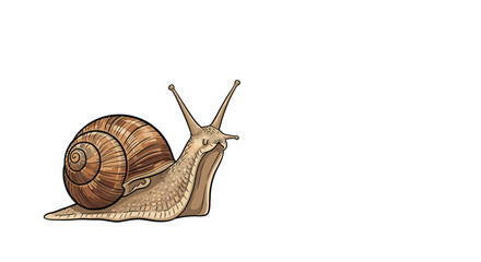 Realistic and detailed hand drawn illustration of a land snail with a brown spiraled shell on a white background. © MS