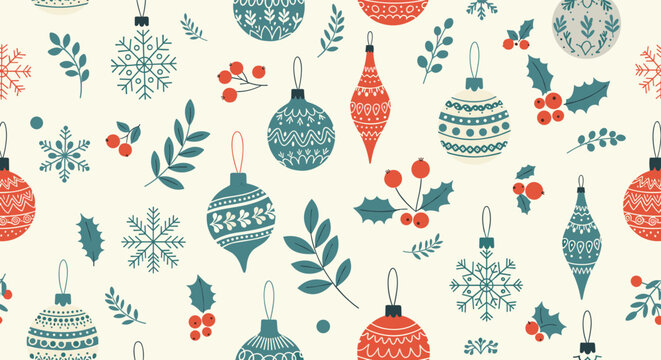Festive seamless pattern of various christmas ornaments, snowflakes, holly berries, and evergreen leaves on cream.