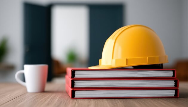 Yellow construction safety hard hat on a stack of red office binders