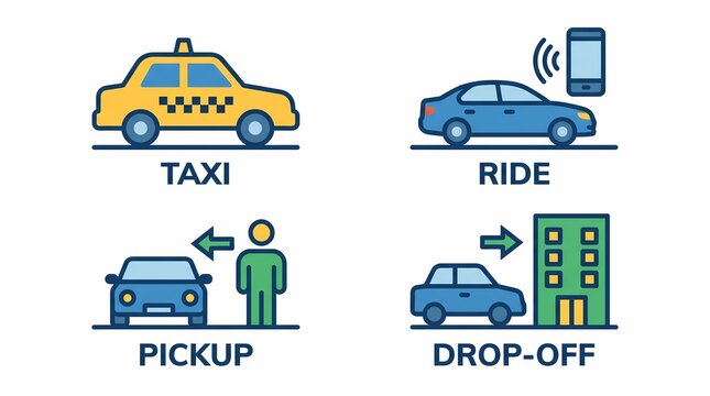 Taxi Ride Sharing and Ride Hailing Service Icon Pack with Pickup Drop Off and Mobile App Illustration