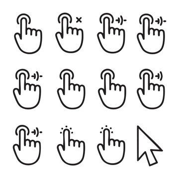 Set of cursor pointer and hand gesture icons for digital device interaction and web interface design.
