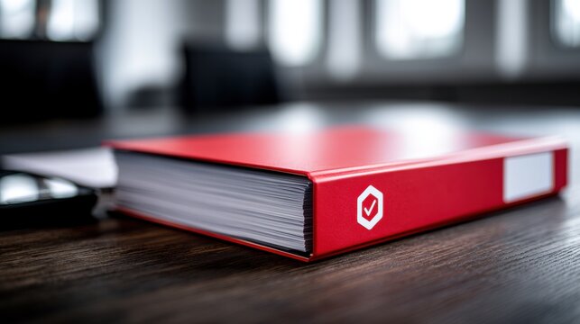Red office binder with checklist logo on wooden desk