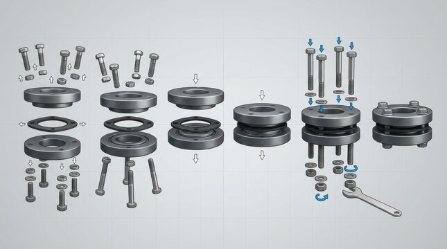 Detailed step-by-step assembly process for industrial pipe flanges with bolts and gasket