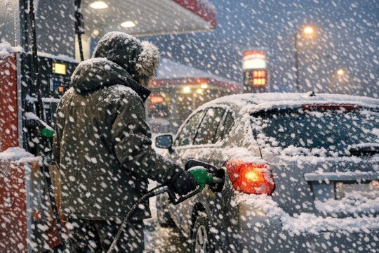 A man pumps gas into his car on a snowy day, a practical scenario for your winter-themed project