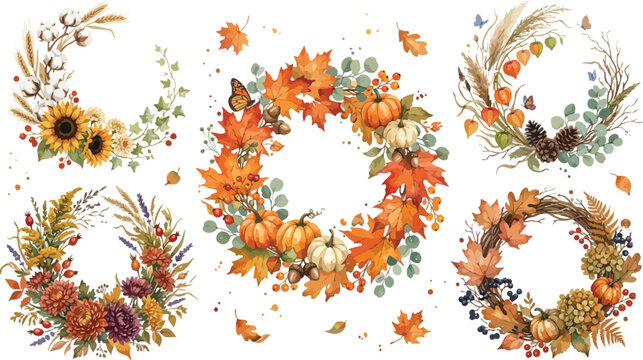 A collection of watercolor autumn themed rectangular frames and borders featuring pumpkins leaves plaid patterns animal prints and seasonal fall harvest design elements