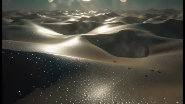 Surreal Desert Landscape with Rippling Sand Dunes and Sparse Vegetation