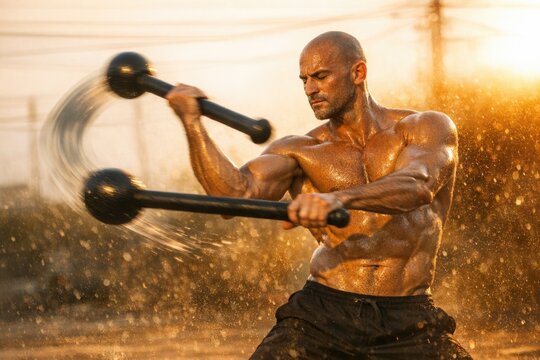 A man holding a heavy metal mace  in the rain, useful for sports or weather related themes