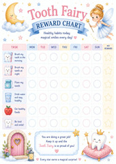 Obraz premium Cute Tooth Fairy reward chart for kids, inspires healthy habits with a magical theme. Perfect for tracking brushing, flossing, and healthy eating routines.