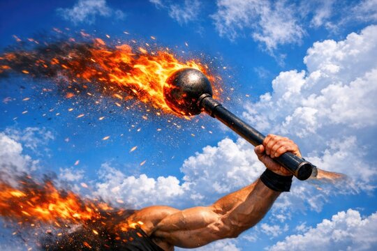 A man holding a fiery sword in a heroic pose, suitable for fantasy or adventure concepts